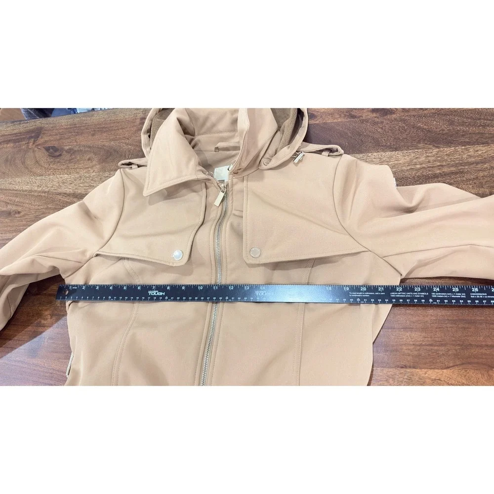 Michael Kors Tan Hooded Zip Up Trench Coat Jacket Size Large Classic Chic Winter